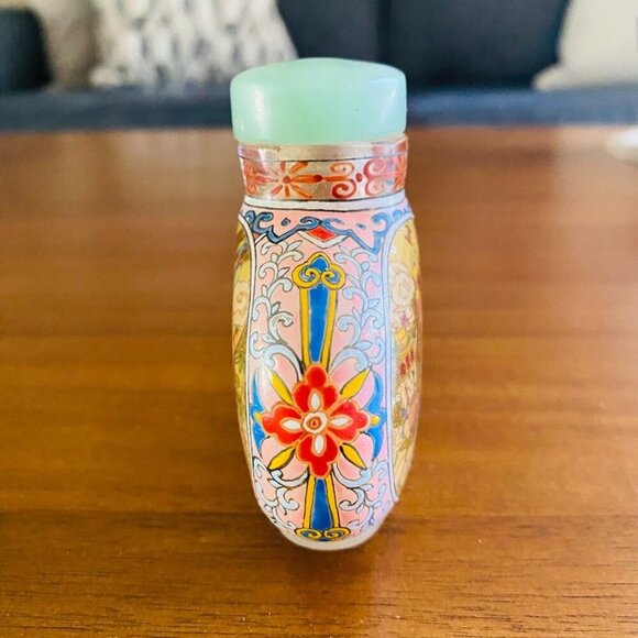 Vintage Chinese Snuff Bottle Hand Reverse Painted Jade Stopper - Picture 3 of 6